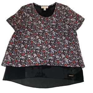 Michael Kors Womens Floral Short Sleeve Blouse Split Back Sheer Size Medium